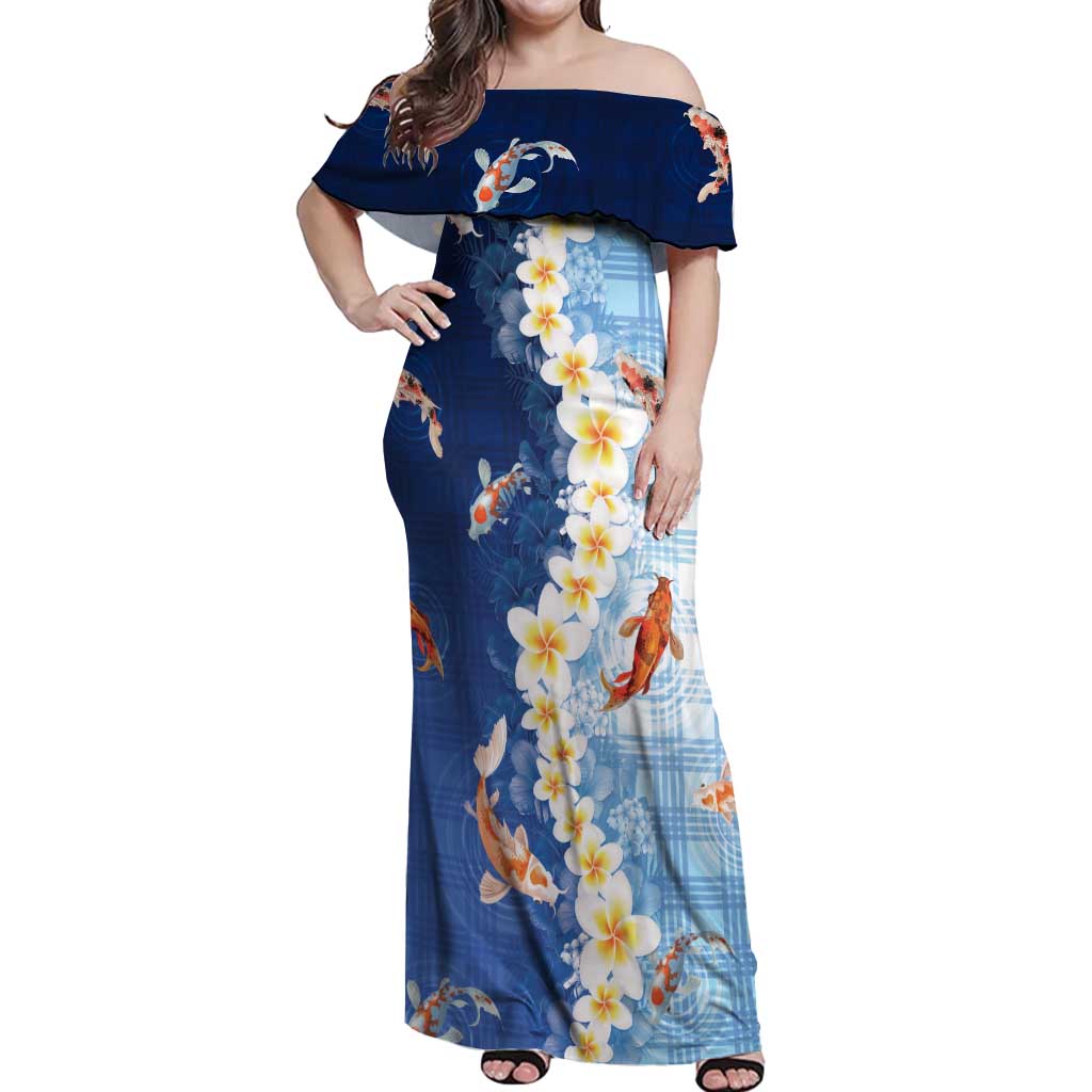 Hawaii And Japan Off Shoulder Maxi Dress Plumeria Lei With Koi Fish Blue LT05 Women Blue - Polynesian Pride