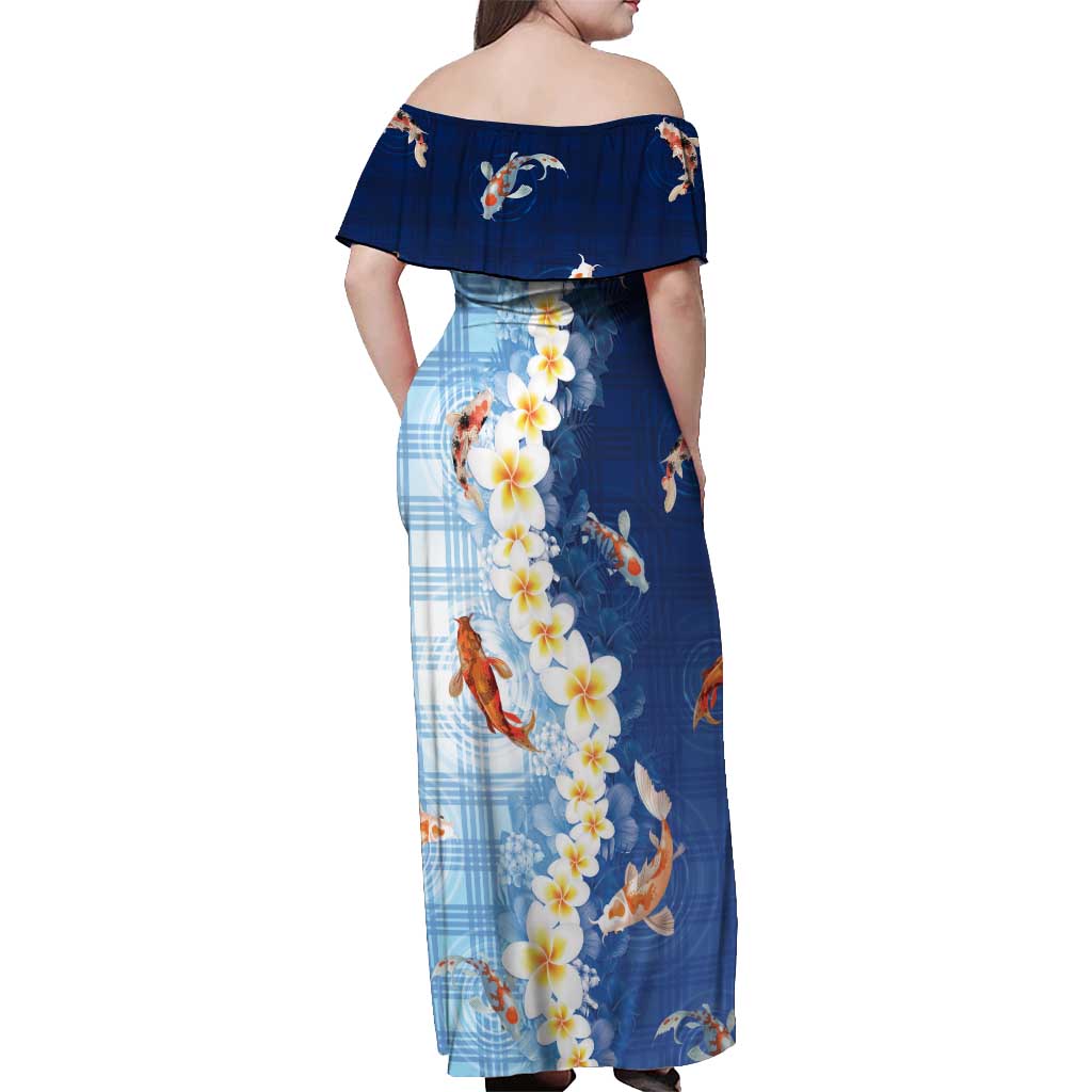Hawaii And Japan Off Shoulder Maxi Dress Plumeria Lei With Koi Fish Blue LT05 - Polynesian Pride