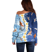 Hawaii And Japan Off Shoulder Sweater Plumeria Lei With Koi Fish Blue LT05 - Polynesian Pride