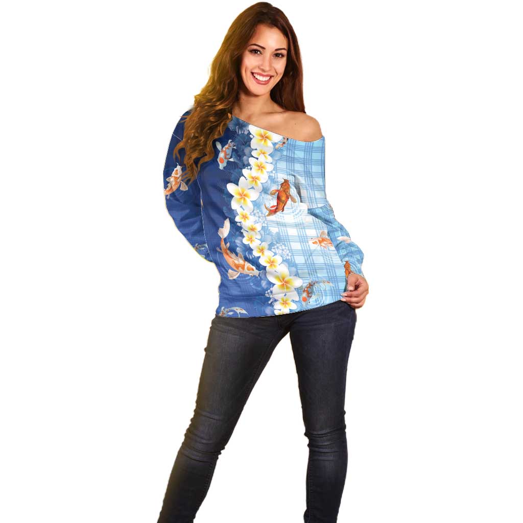 Hawaii And Japan Off Shoulder Sweater Plumeria Lei With Koi Fish Blue LT05 - Polynesian Pride