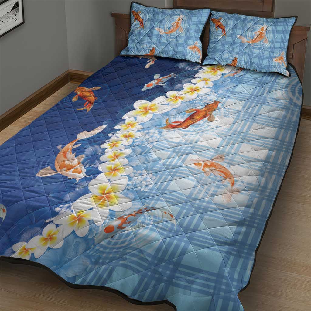 Hawaii And Japan Quilt Bed Set Plumeria Lei With Koi Fish Blue LT05 - Polynesian Pride