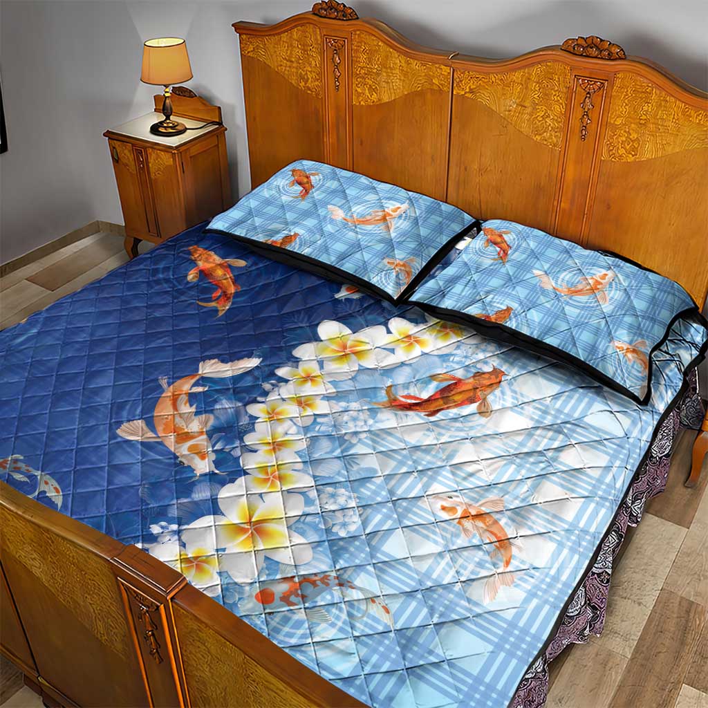Hawaii And Japan Quilt Bed Set Plumeria Lei With Koi Fish Blue LT05 - Polynesian Pride