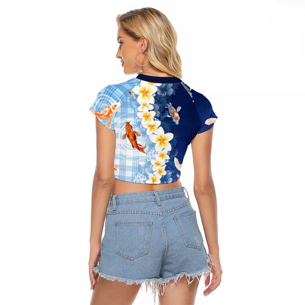 Hawaii And Japan Raglan Cropped T Shirt Plumeria Lei With Koi Fish Blue LT05 - Polynesian Pride