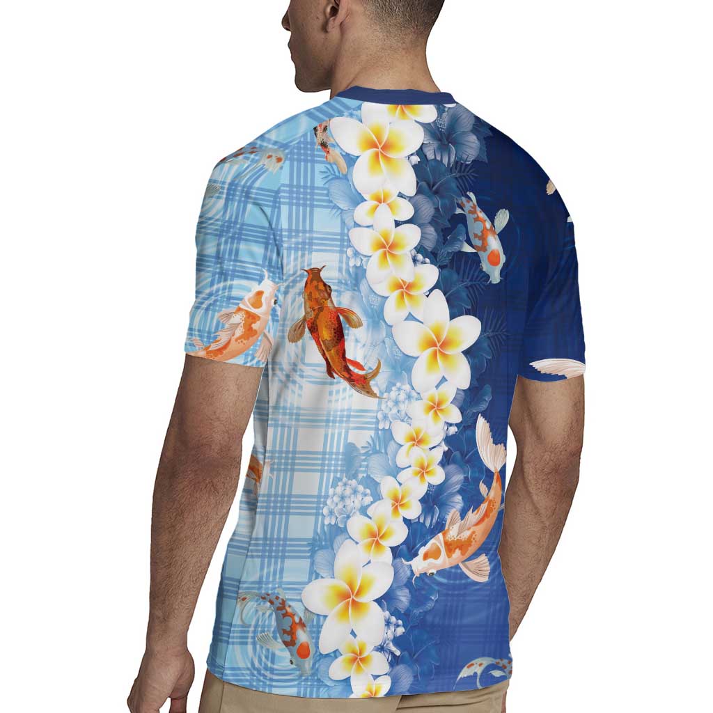 Hawaii And Japan Rugby Jersey Plumeria Lei With Koi Fish Blue LT05 - Polynesian Pride