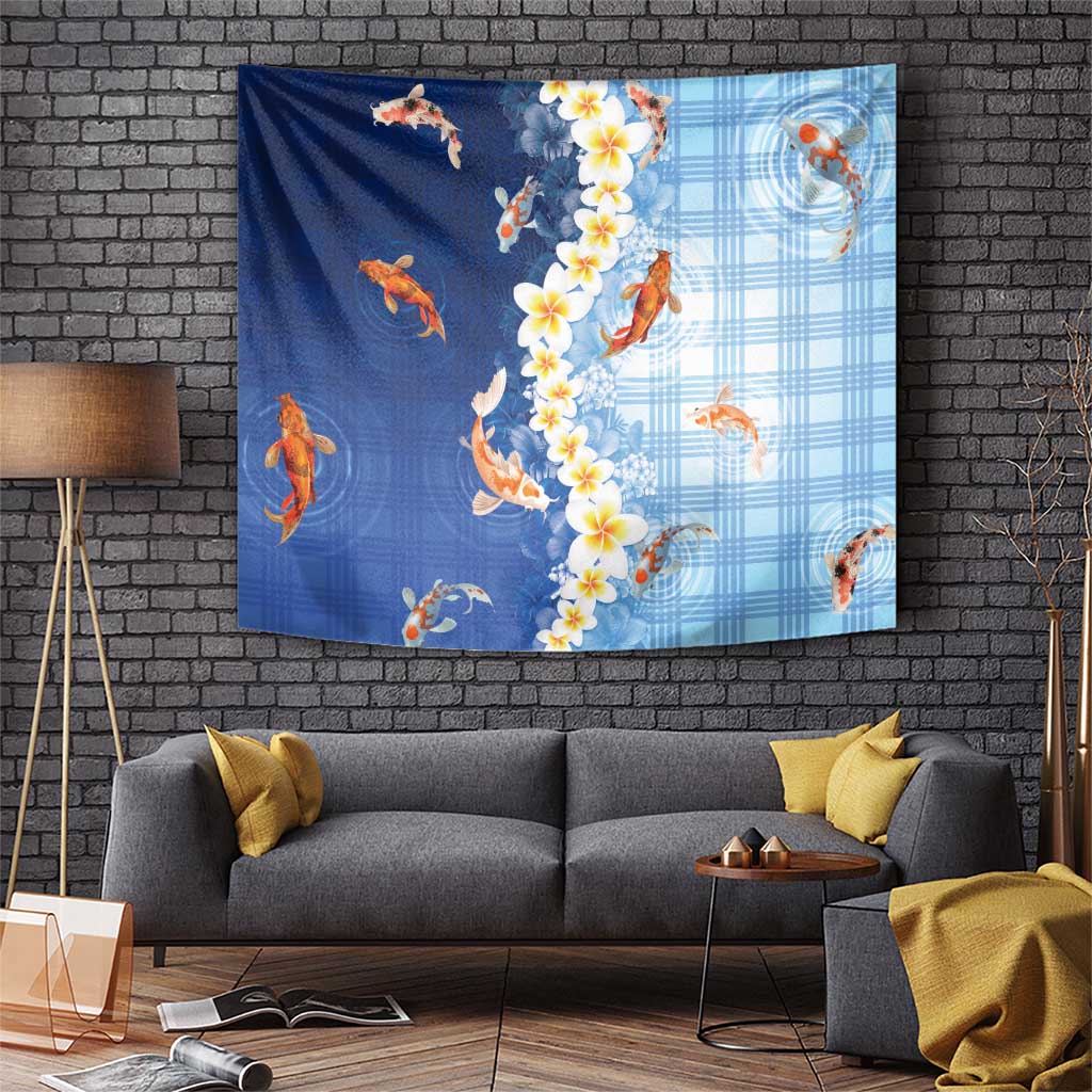 Hawaii And Japan Tapestry Plumeria Lei With Koi Fish Blue LT05 Blue - Polynesian Pride