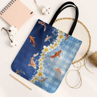 Hawaii And Japan Tote Bag Plumeria Lei With Koi Fish Blue LT05 Black Strap One Size Blue - Polynesian Pride