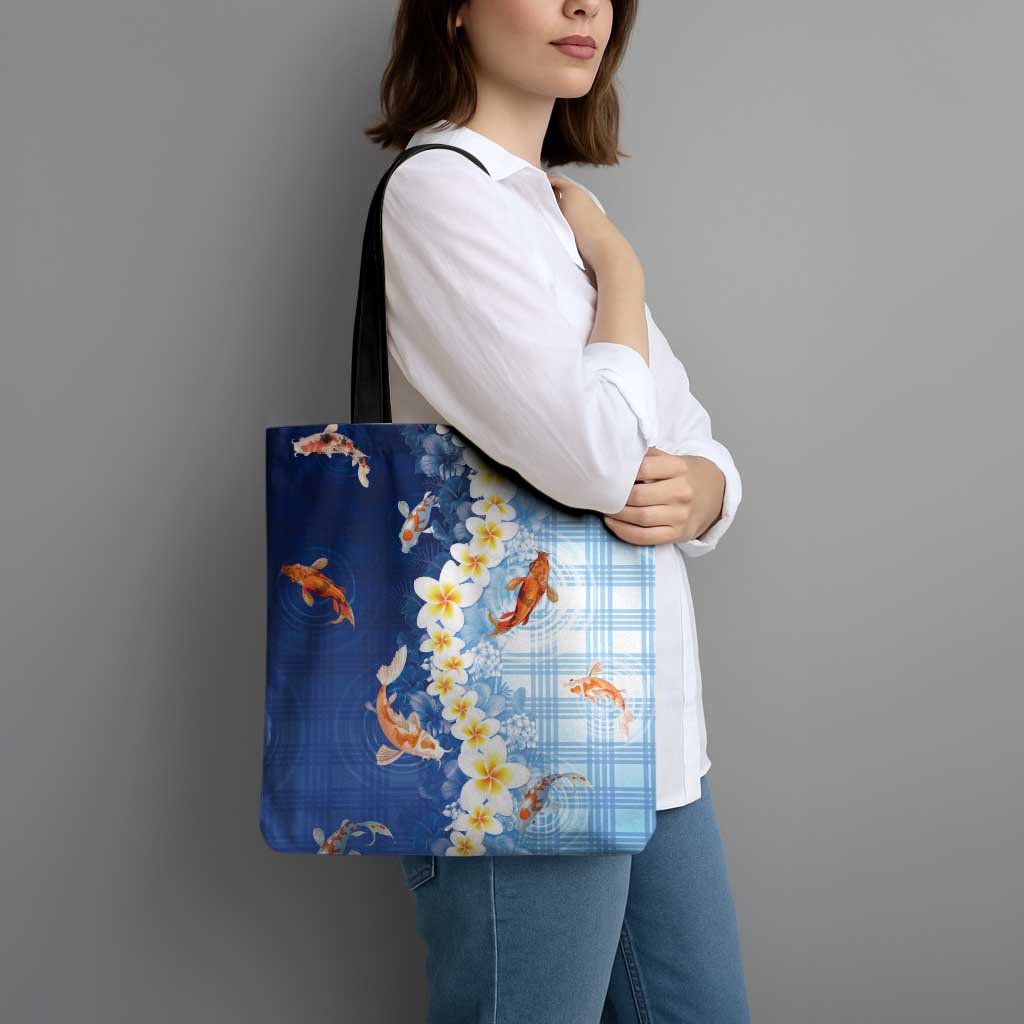 Hawaii And Japan Tote Bag Plumeria Lei With Koi Fish Blue LT05 - Polynesian Pride