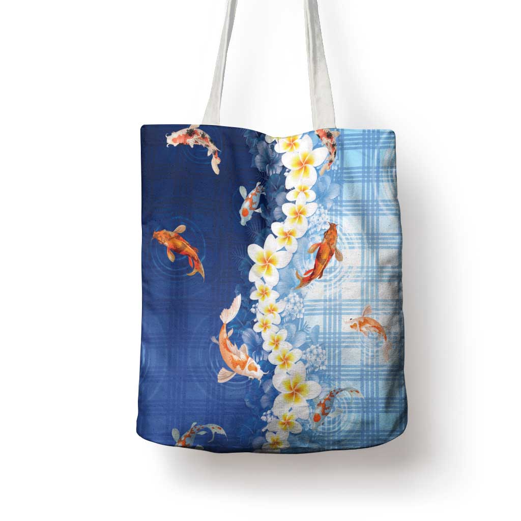 Hawaii And Japan Tote Bag Plumeria Lei With Koi Fish Blue LT05 - Polynesian Pride