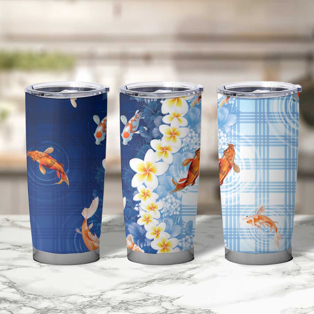 Hawaii And Japan Tumbler Cup Plumeria Lei With Koi Fish Blue LT05 - Polynesian Pride