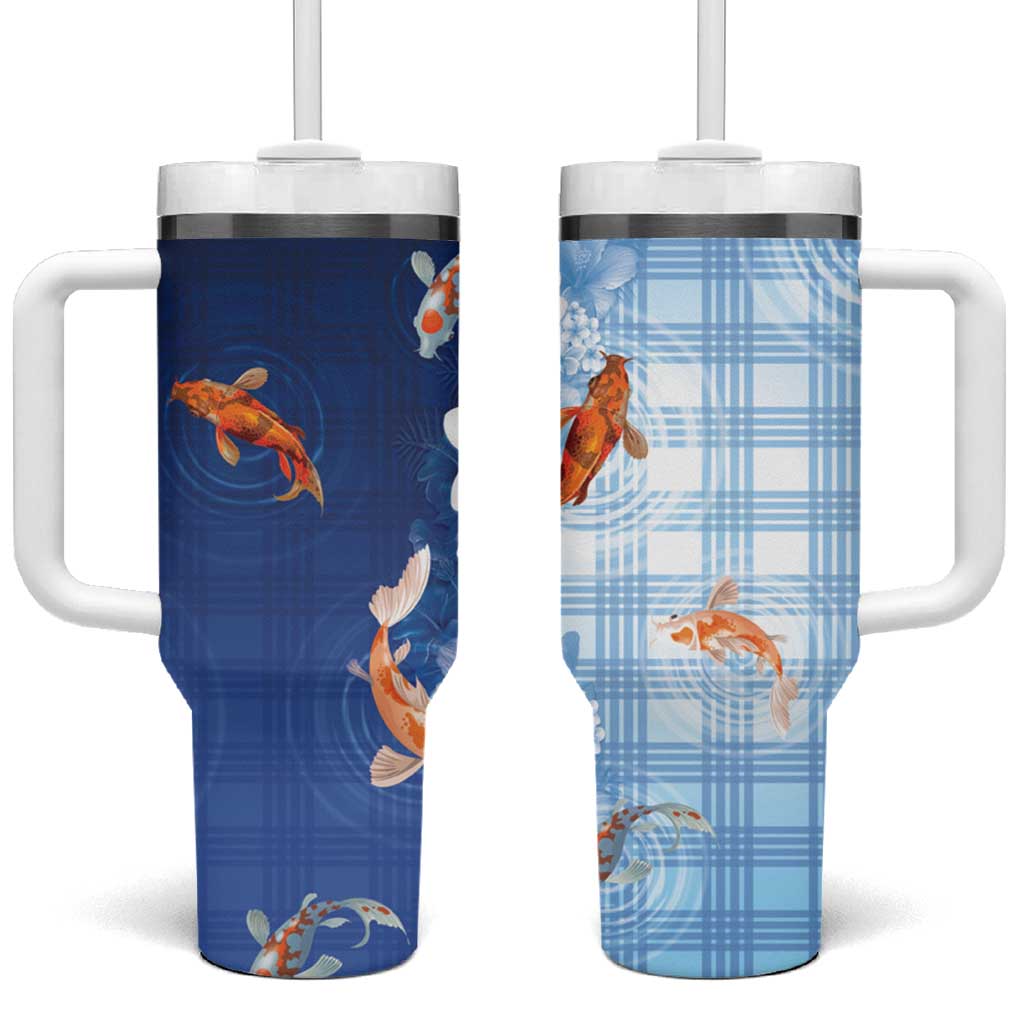 Hawaii And Japan Tumbler With Handle Plumeria Lei With Koi Fish Blue LT05 One Size: 40 oz Blue - Polynesian Pride