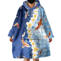 Hawaii And Japan Wearable Blanket Hoodie Plumeria Lei With Koi Fish Blue LT05 - Polynesian Pride