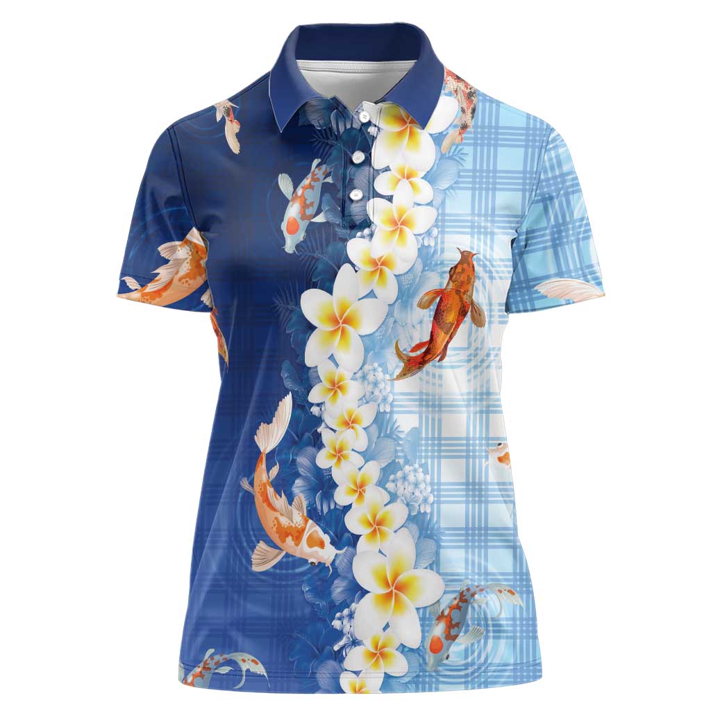 Hawaii And Japan Women Polo Shirt Plumeria Lei With Koi Fish Blue - Polynesian Pride