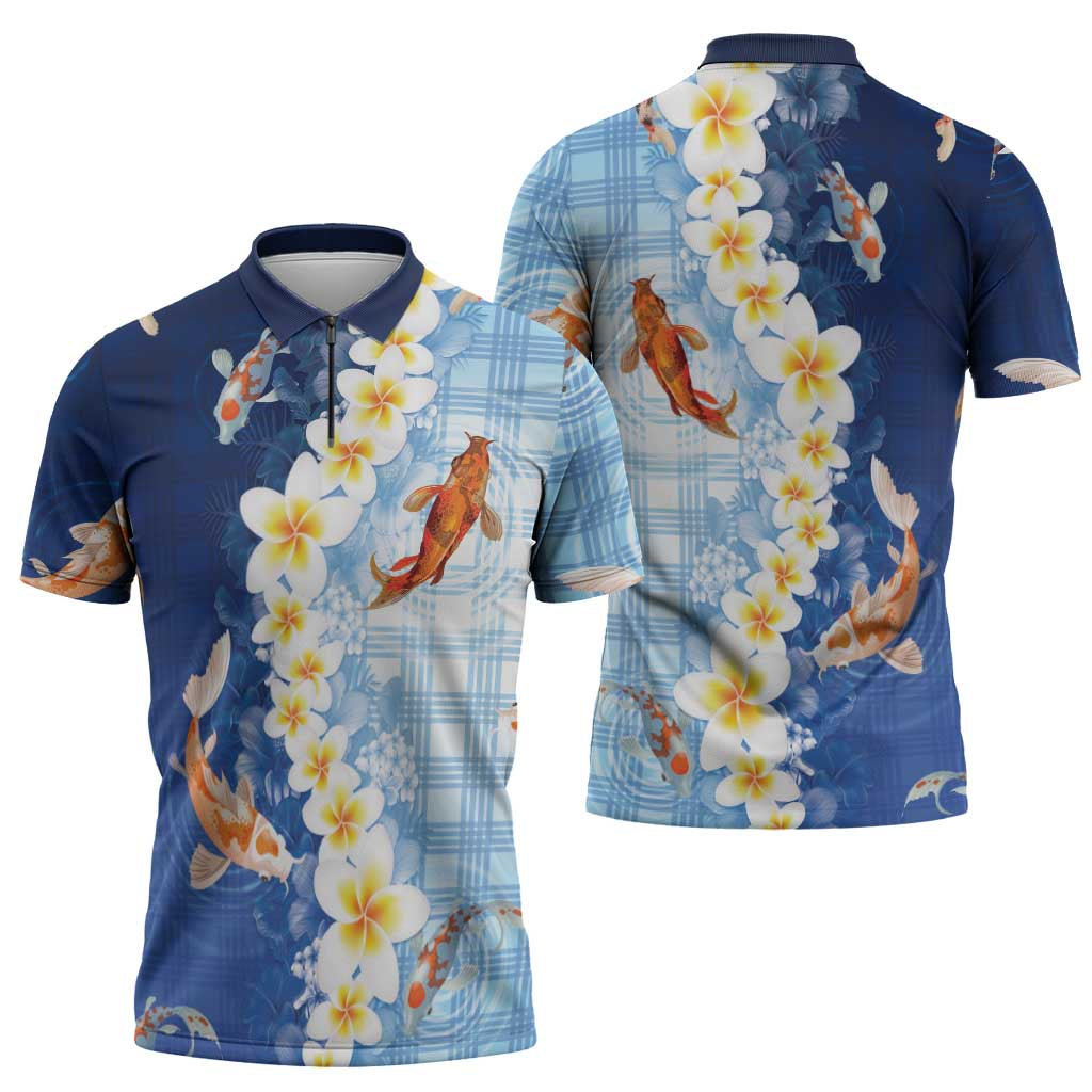 Hawaii And Japan Zipper Polo Shirt Plumeria Lei With Koi Fish Blue LT05 - Polynesian Pride