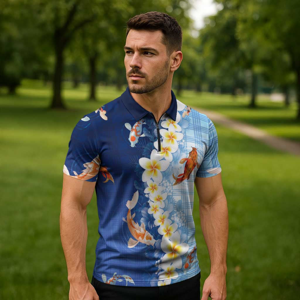 Hawaii And Japan Zipper Polo Shirt Plumeria Lei With Koi Fish Blue LT05 - Polynesian Pride