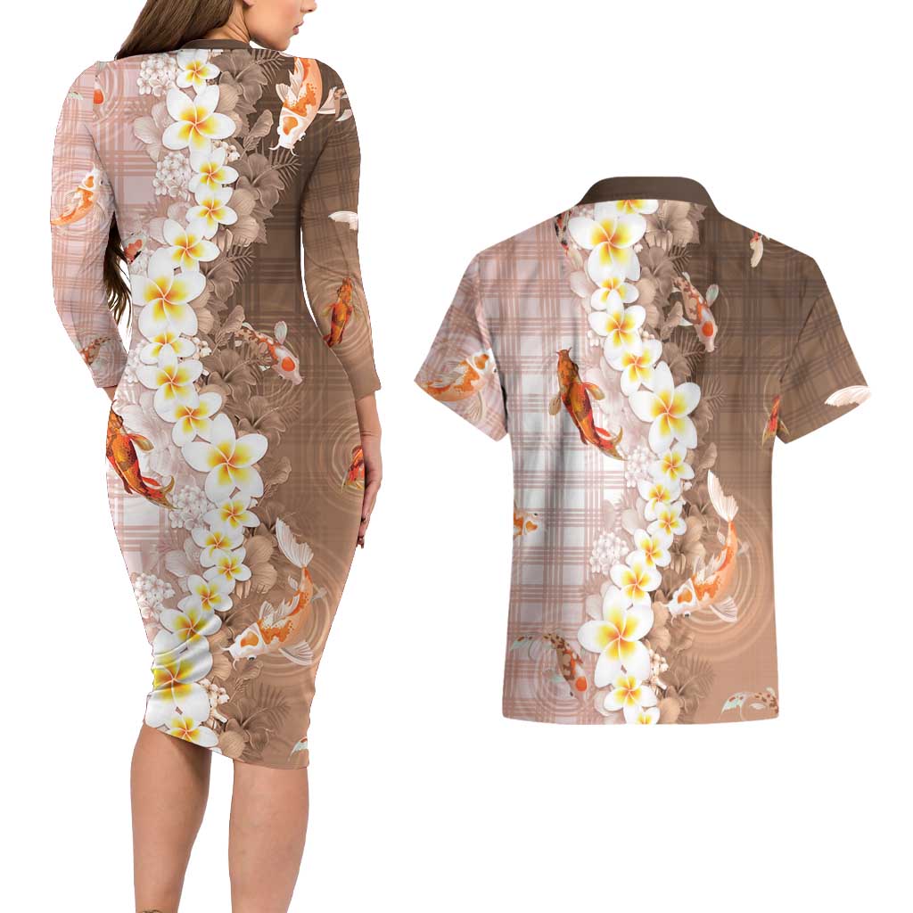Hawaii And Japan Couples Matching Long Sleeve Bodycon Dress and Hawaiian Shirt Plumeria Lei With Koi Fish Beige - Polynesian Pride