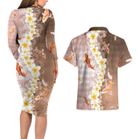 Hawaii And Japan Couples Matching Long Sleeve Bodycon Dress and Hawaiian Shirt Plumeria Lei With Koi Fish Beige - Polynesian Pride