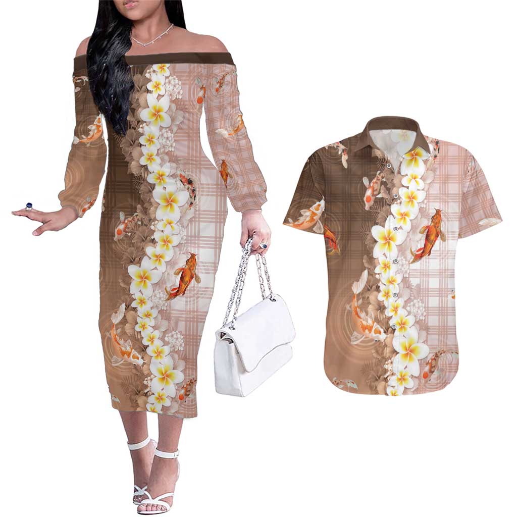 Hawaii And Japan Couples Matching Off The Shoulder Long Sleeve Dress and Hawaiian Shirt Plumeria Lei With Koi Fish Beige - Polynesian Pride