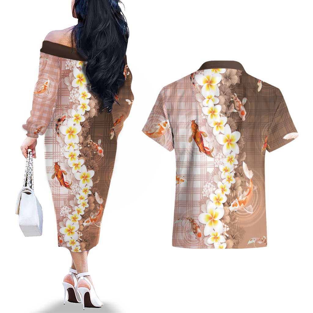 Hawaii And Japan Couples Matching Off The Shoulder Long Sleeve Dress and Hawaiian Shirt Plumeria Lei With Koi Fish Beige - Polynesian Pride