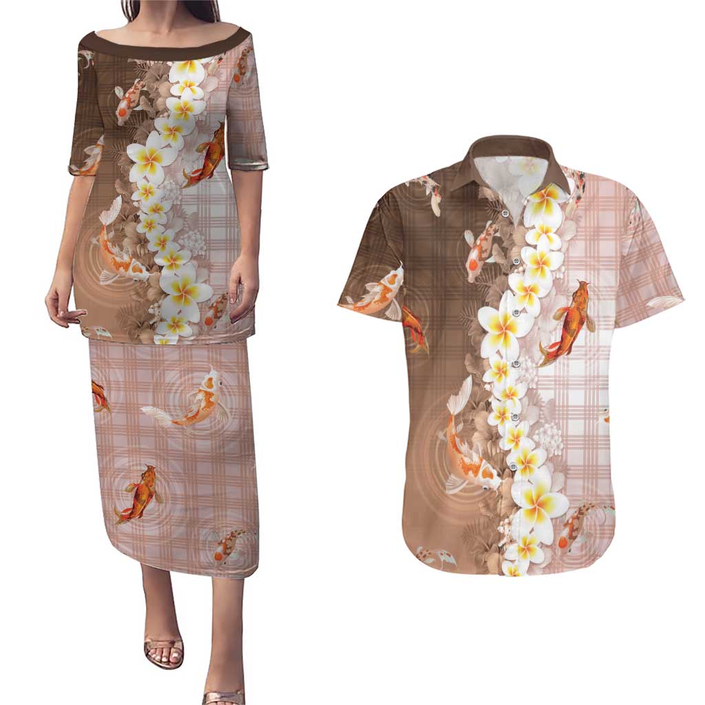 Hawaii And Japan Couples Matching Puletasi and Hawaiian Shirt Plumeria Lei With Koi Fish Beige LT05 Beige - Polynesian Pride