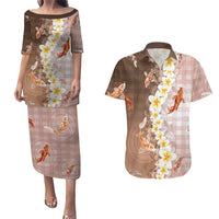Hawaii And Japan Couples Matching Puletasi and Hawaiian Shirt Plumeria Lei With Koi Fish Beige LT05 Beige - Polynesian Pride