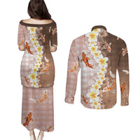 Hawaii And Japan Couples Matching Puletasi and Long Sleeve Button Shirt Plumeria Lei With Koi Fish Beige - Polynesian Pride