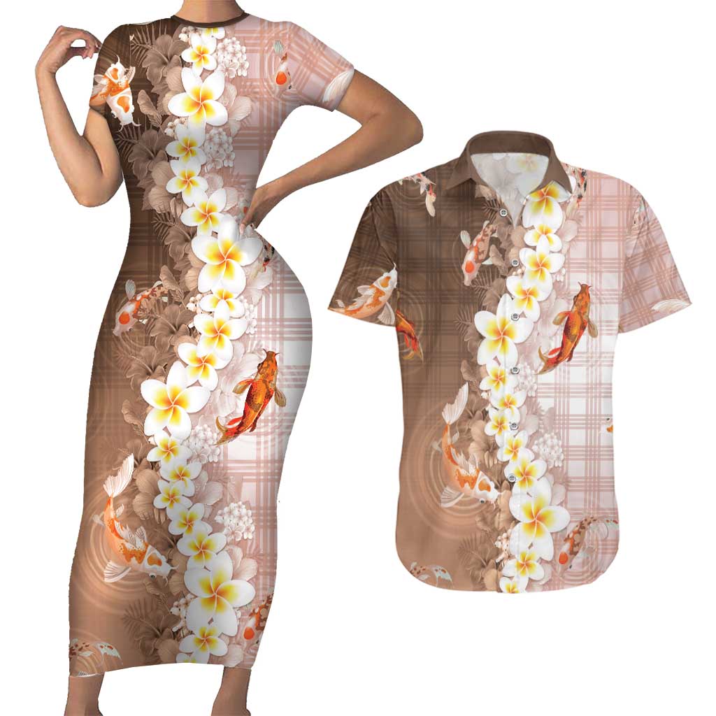 Hawaii And Japan Couples Matching Short Sleeve Bodycon Dress and Hawaiian Shirt Plumeria Lei With Koi Fish Beige - Polynesian Pride