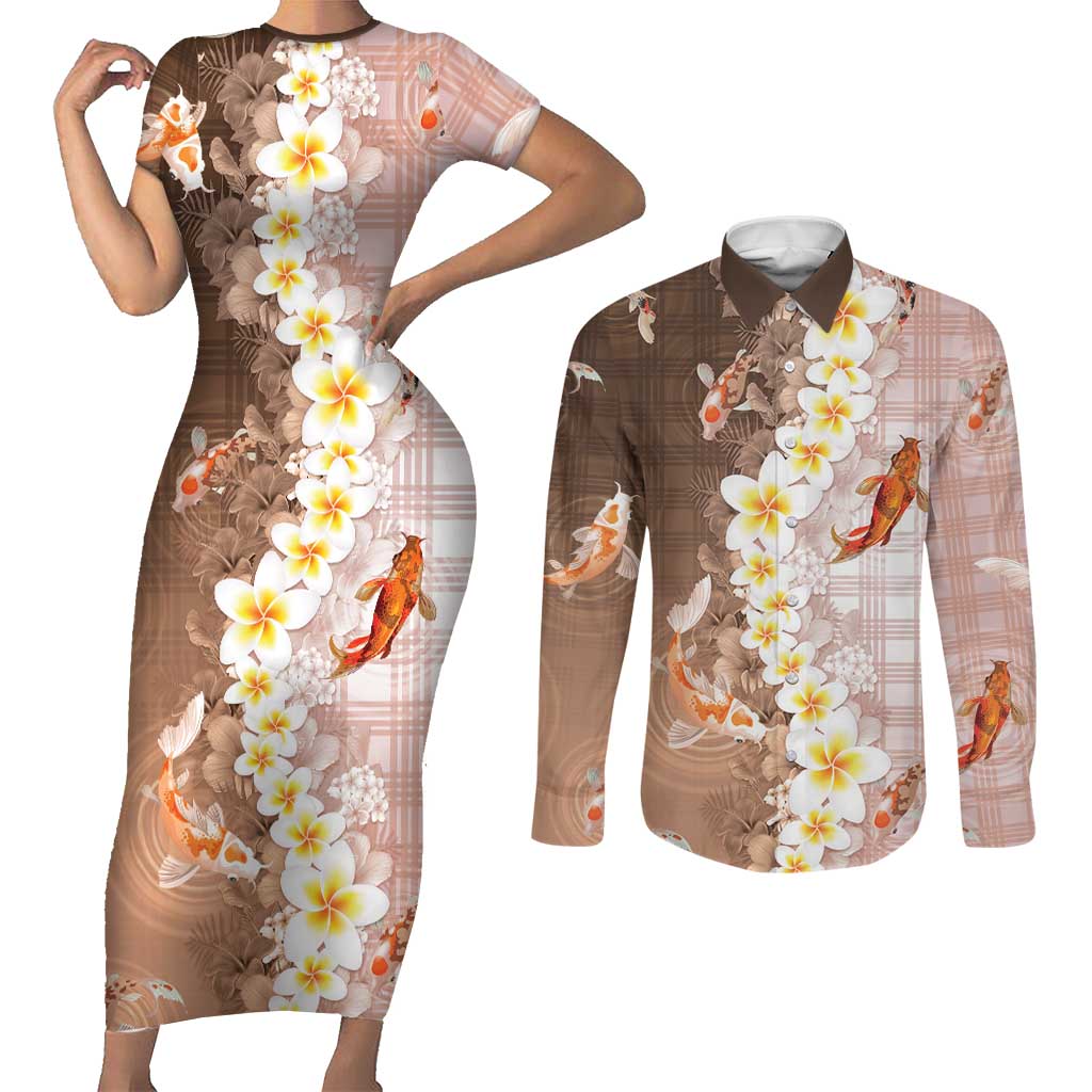 Hawaii And Japan Couples Matching Short Sleeve Bodycon Dress and Long Sleeve Button Shirt Plumeria Lei With Koi Fish Beige - Polynesian Pride