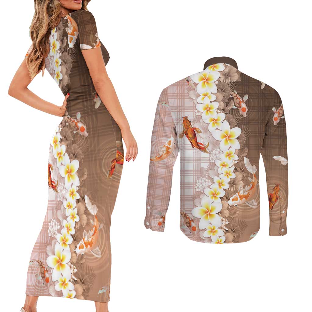 Hawaii And Japan Couples Matching Short Sleeve Bodycon Dress and Long Sleeve Button Shirt Plumeria Lei With Koi Fish Beige - Polynesian Pride