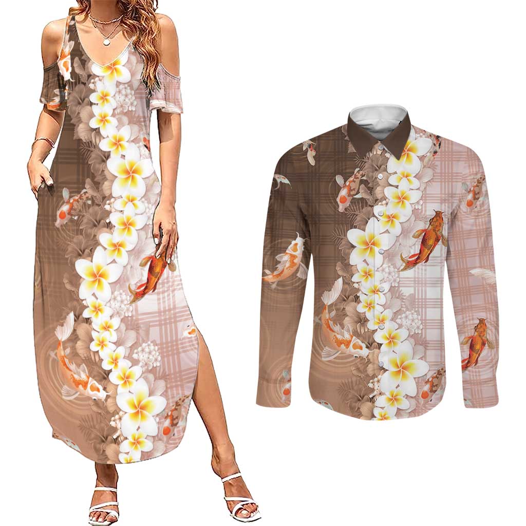 Hawaii And Japan Couples Matching Summer Maxi Dress and Long Sleeve Button Shirt Plumeria Lei With Koi Fish Beige LT05 Beige - Polynesian Pride