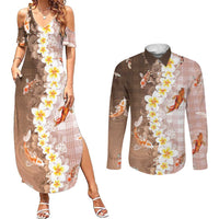 Hawaii And Japan Couples Matching Summer Maxi Dress and Long Sleeve Button Shirt Plumeria Lei With Koi Fish Beige LT05 Beige - Polynesian Pride