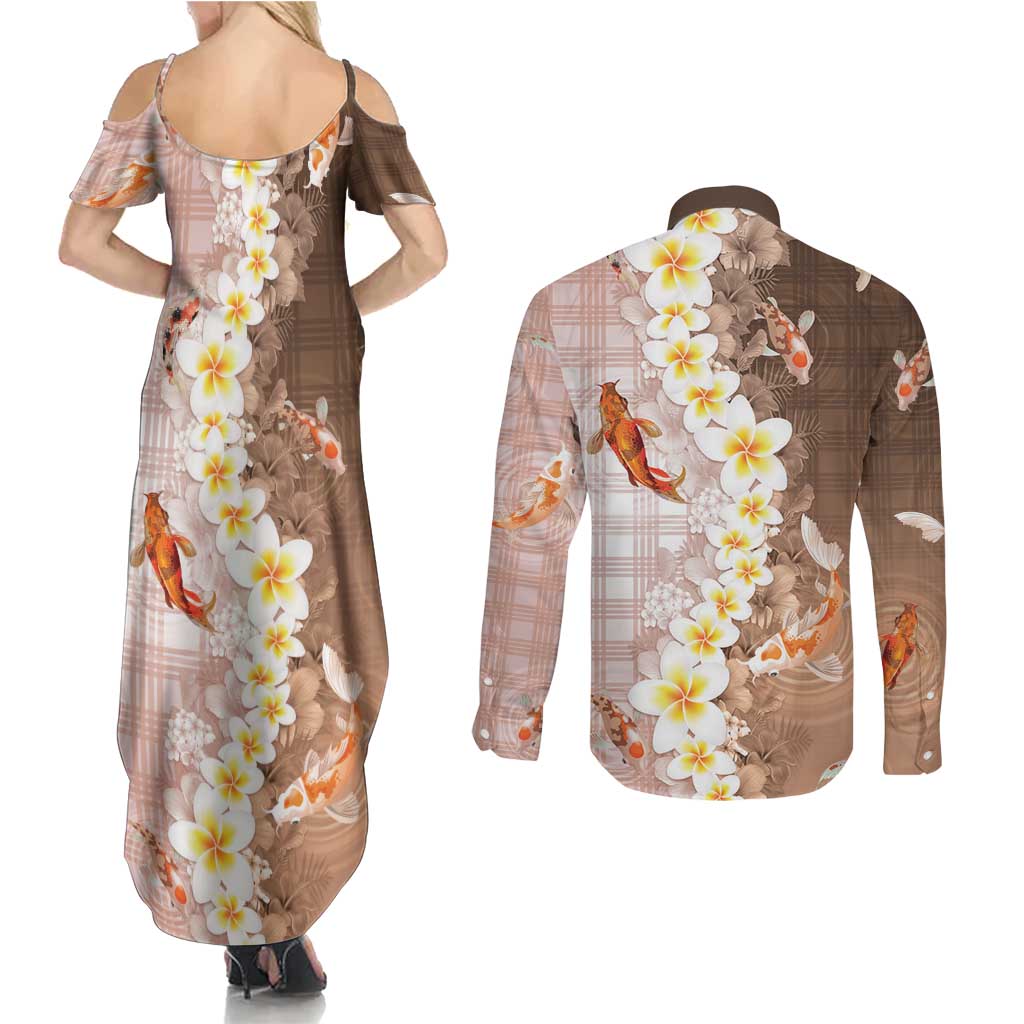 Hawaii And Japan Couples Matching Summer Maxi Dress and Long Sleeve Button Shirt Plumeria Lei With Koi Fish Beige LT05 - Polynesian Pride