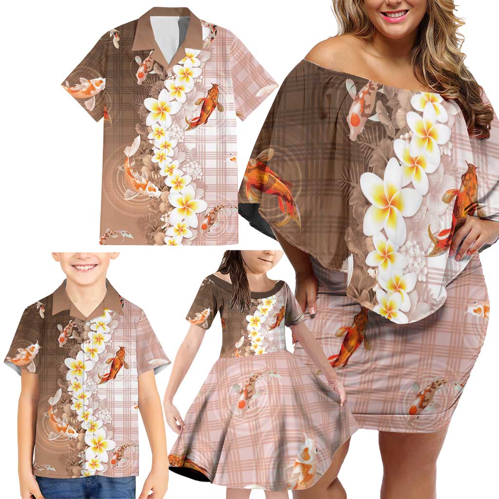 Hawaii And Japan Family Matching Off Shoulder Short Dress and Hawaiian Shirt Plumeria Lei With Koi Fish Beige - Polynesian Pride