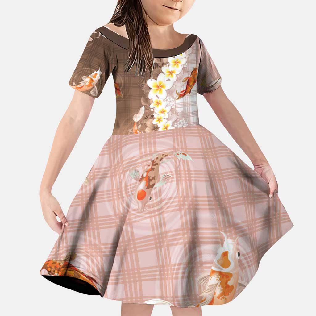 Hawaii And Japan Family Matching Puletasi and Hawaiian Shirt Plumeria Lei With Koi Fish Beige LT05 Daughter's Dress Beige - Polynesian Pride