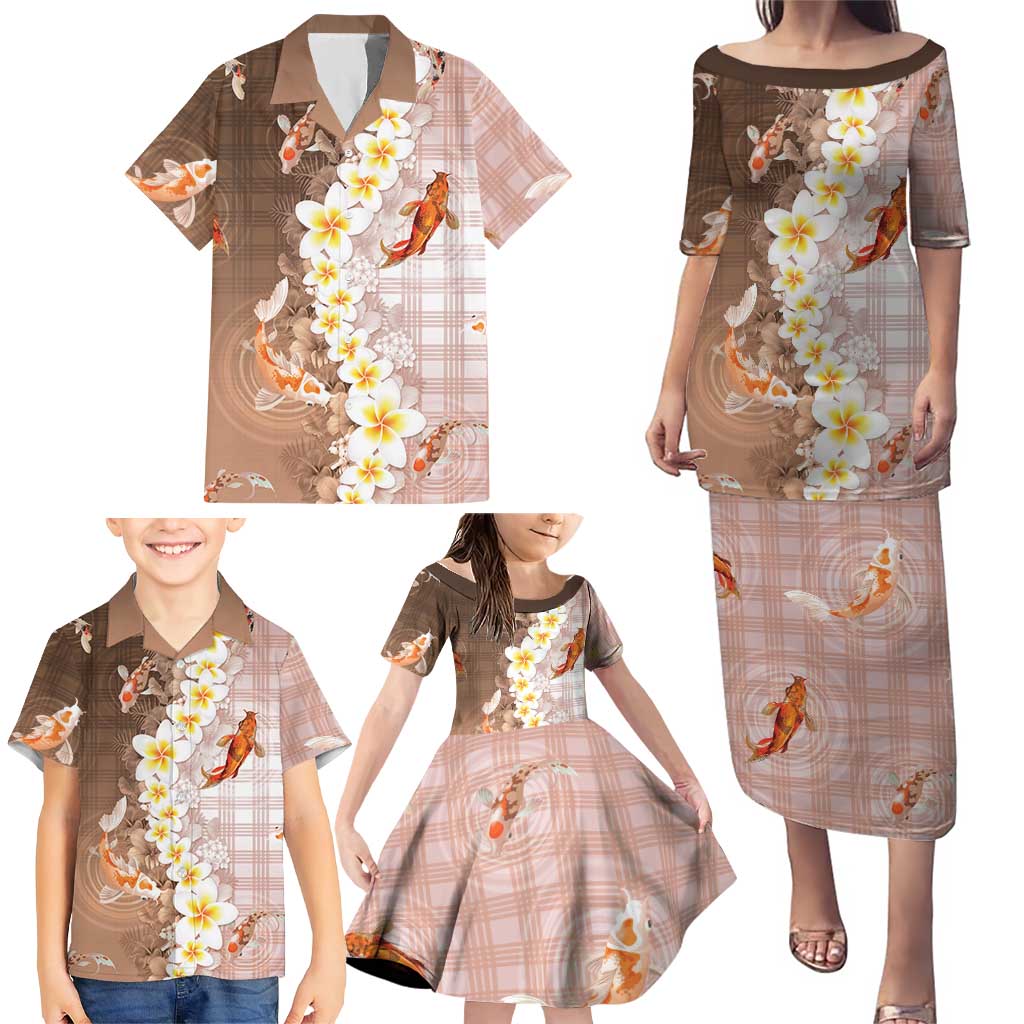 Hawaii And Japan Family Matching Puletasi and Hawaiian Shirt Plumeria Lei With Koi Fish Beige LT05 - Polynesian Pride