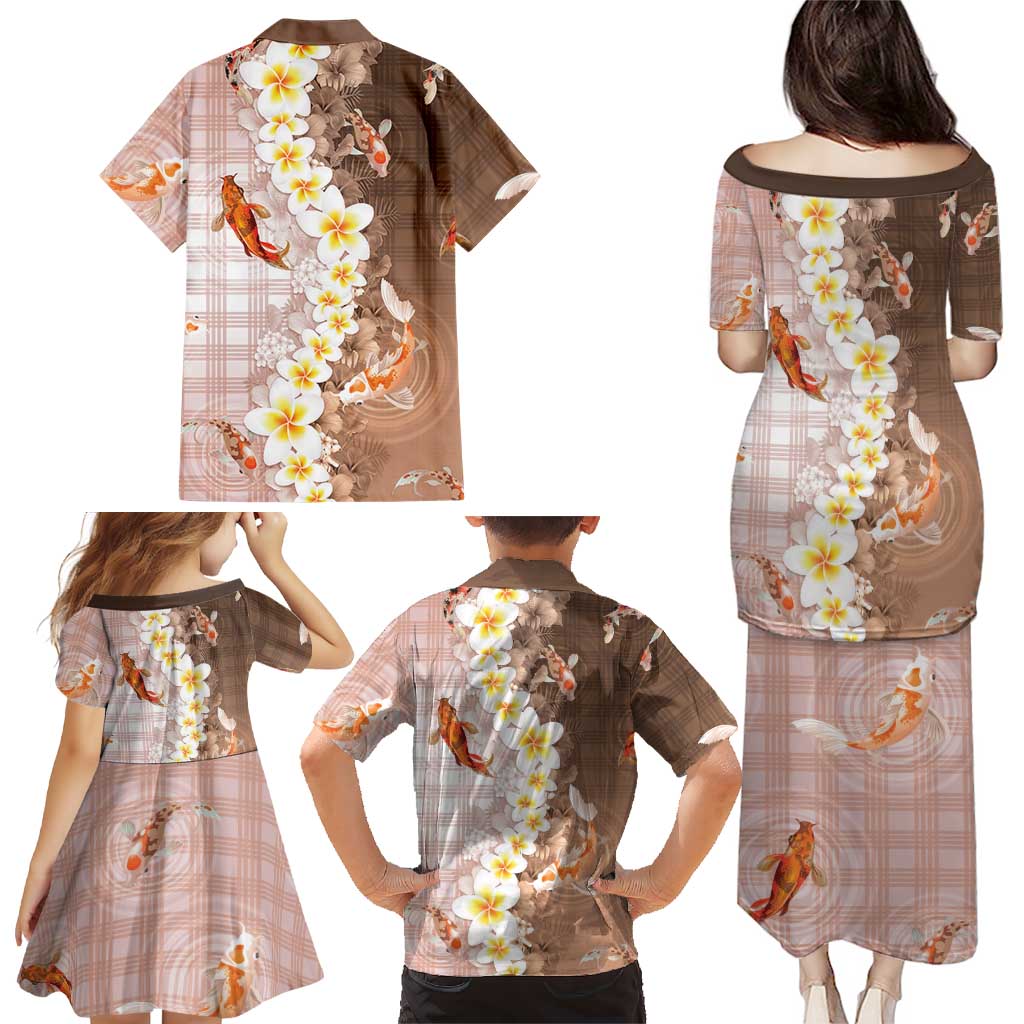 Hawaii And Japan Family Matching Puletasi and Hawaiian Shirt Plumeria Lei With Koi Fish Beige LT05 - Polynesian Pride