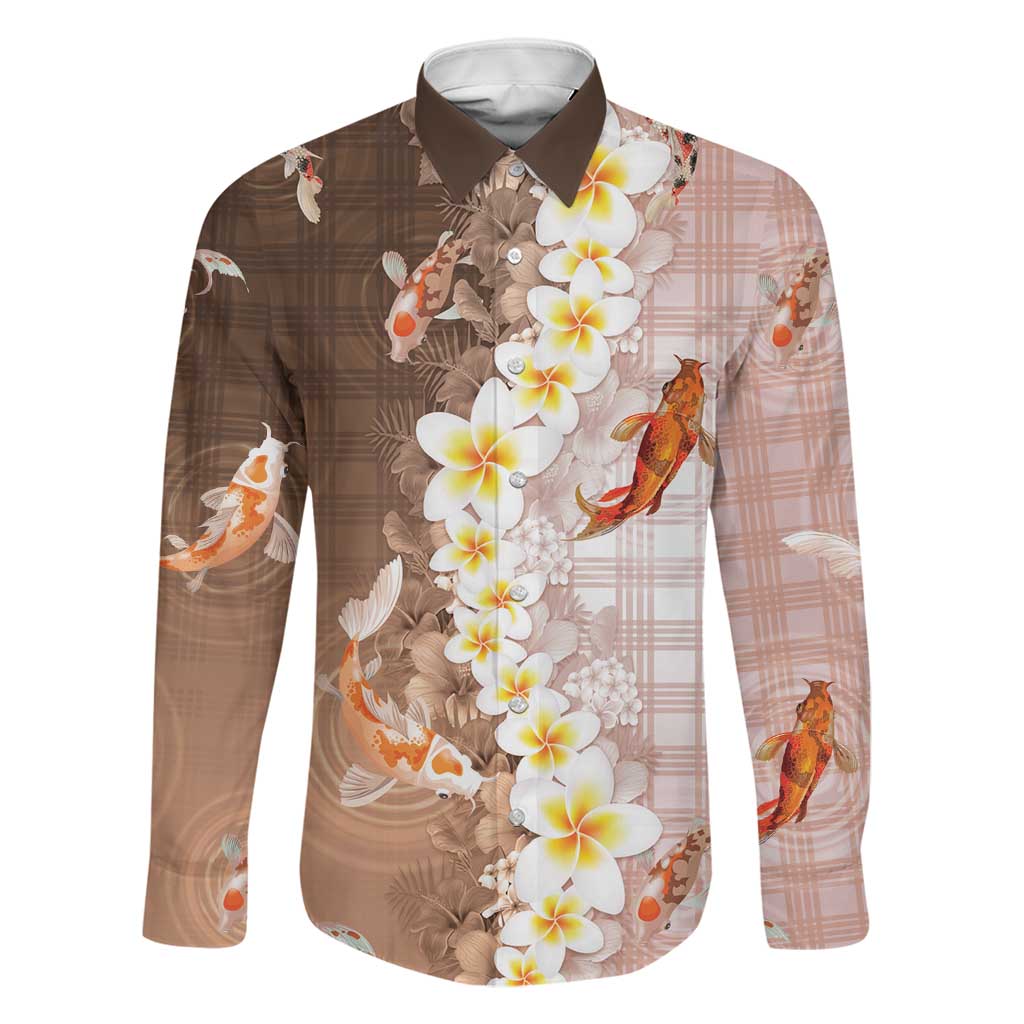 Hawaii And Japan Family Matching Puletasi and Hawaiian Shirt Plumeria Lei With Koi Fish Beige LT05 Dad's Shirt - Long Sleeve Beige - Polynesian Pride