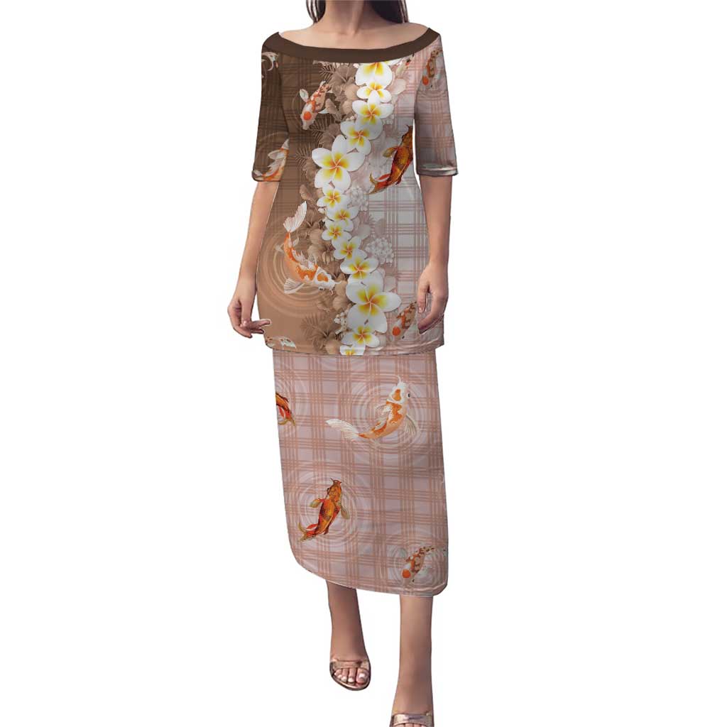Hawaii And Japan Family Matching Puletasi and Hawaiian Shirt Plumeria Lei With Koi Fish Beige LT05 Mom's Dress Beige - Polynesian Pride