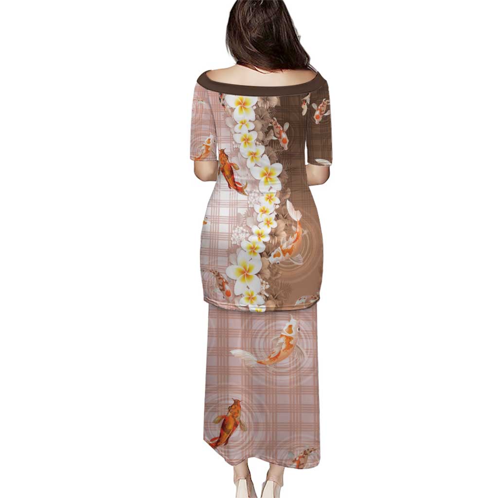 Hawaii And Japan Family Matching Puletasi and Hawaiian Shirt Plumeria Lei With Koi Fish Beige LT05 - Polynesian Pride