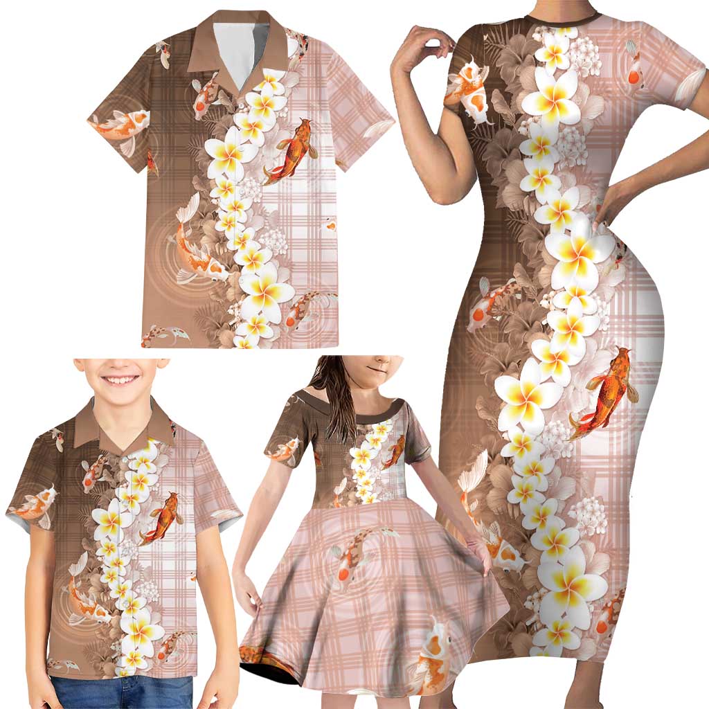Hawaii And Japan Family Matching Short Sleeve Bodycon Dress and Hawaiian Shirt Plumeria Lei With Koi Fish Beige - Polynesian Pride