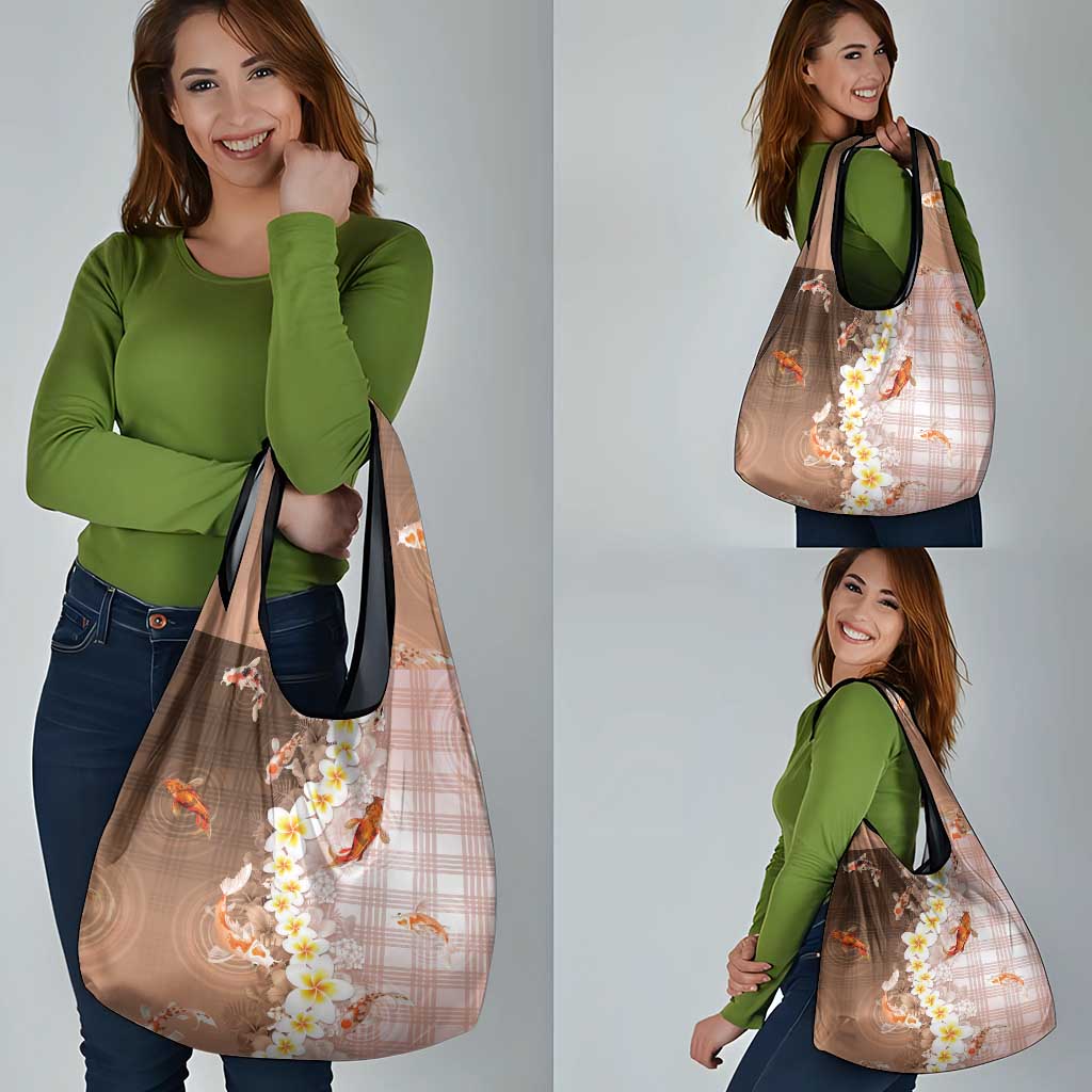 Hawaii And Japan Grocery Bag Plumeria Lei With Koi Fish Beige LT05 - Polynesian Pride