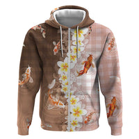 Hawaii And Japan Hoodie Plumeria Lei With Koi Fish Beige LT05 Zip Hoodie Beige - Polynesian Pride