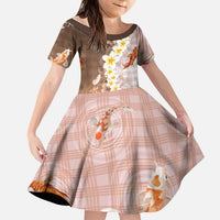 Hawaii And Japan Kid Short Sleeve Dress Plumeria Lei With Koi Fish Beige - Polynesian Pride