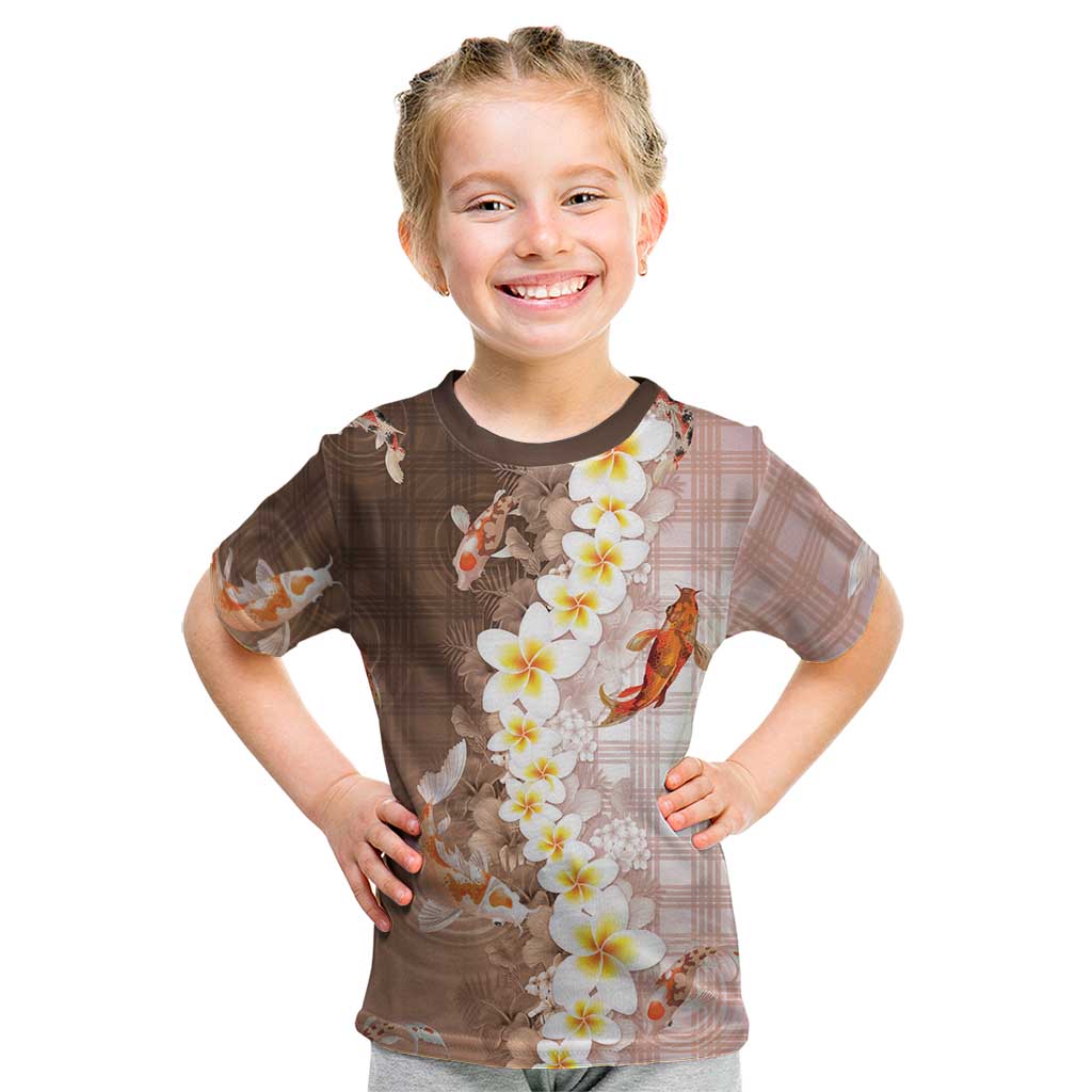 Hawaii And Japan Kid T Shirt Plumeria Lei With Koi Fish Beige LT05 Beige - Polynesian Pride