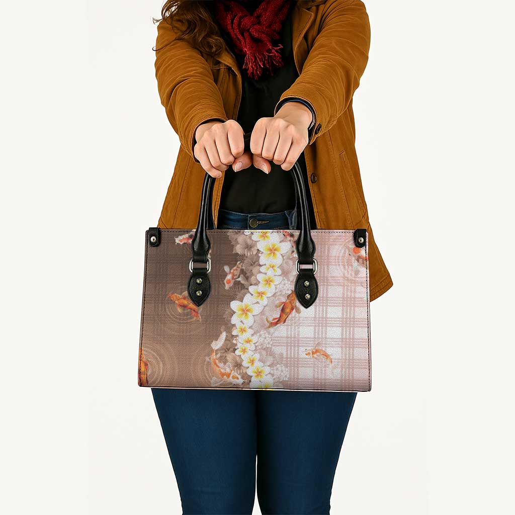 Hawaii And Japan Leather Bag Plumeria Lei With Koi Fish Beige LT05 - Polynesian Pride