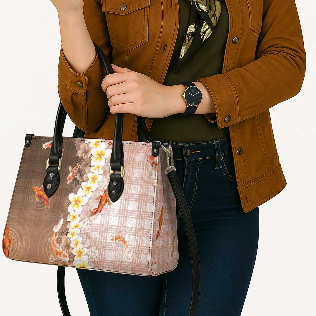 Hawaii And Japan Leather Bag Plumeria Lei With Koi Fish Beige LT05 - Polynesian Pride