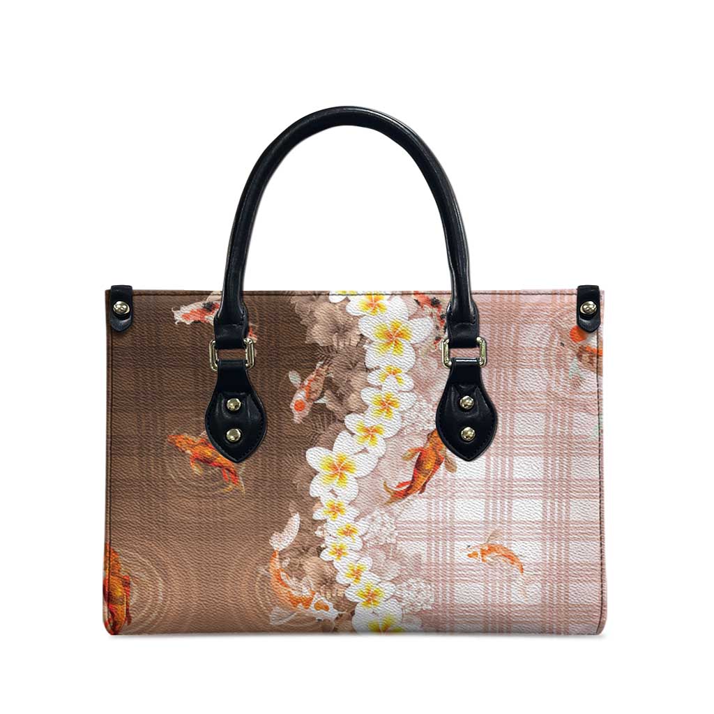 Hawaii And Japan Leather Bag Plumeria Lei With Koi Fish Beige LT05 - Polynesian Pride