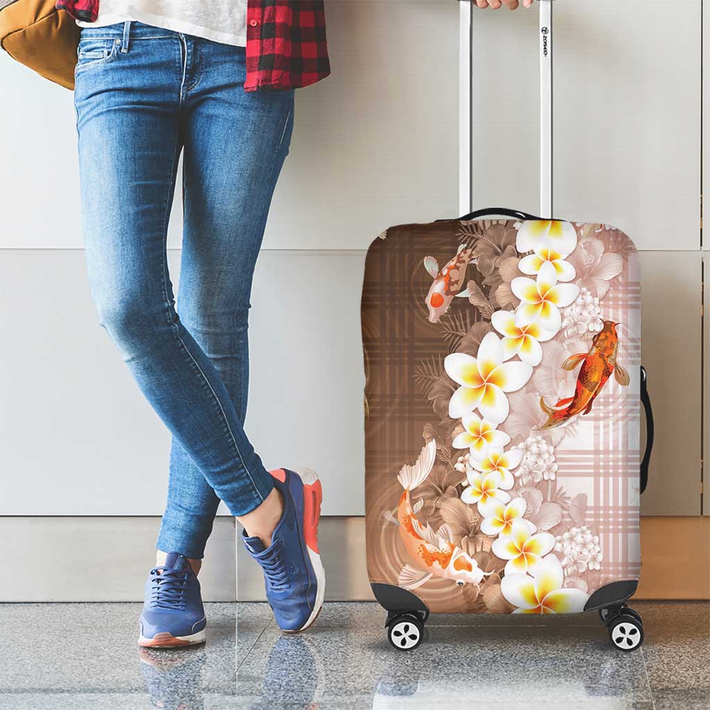 Hawaii And Japan Luggage Cover Plumeria Lei With Koi Fish Beige LT05 - Polynesian Pride