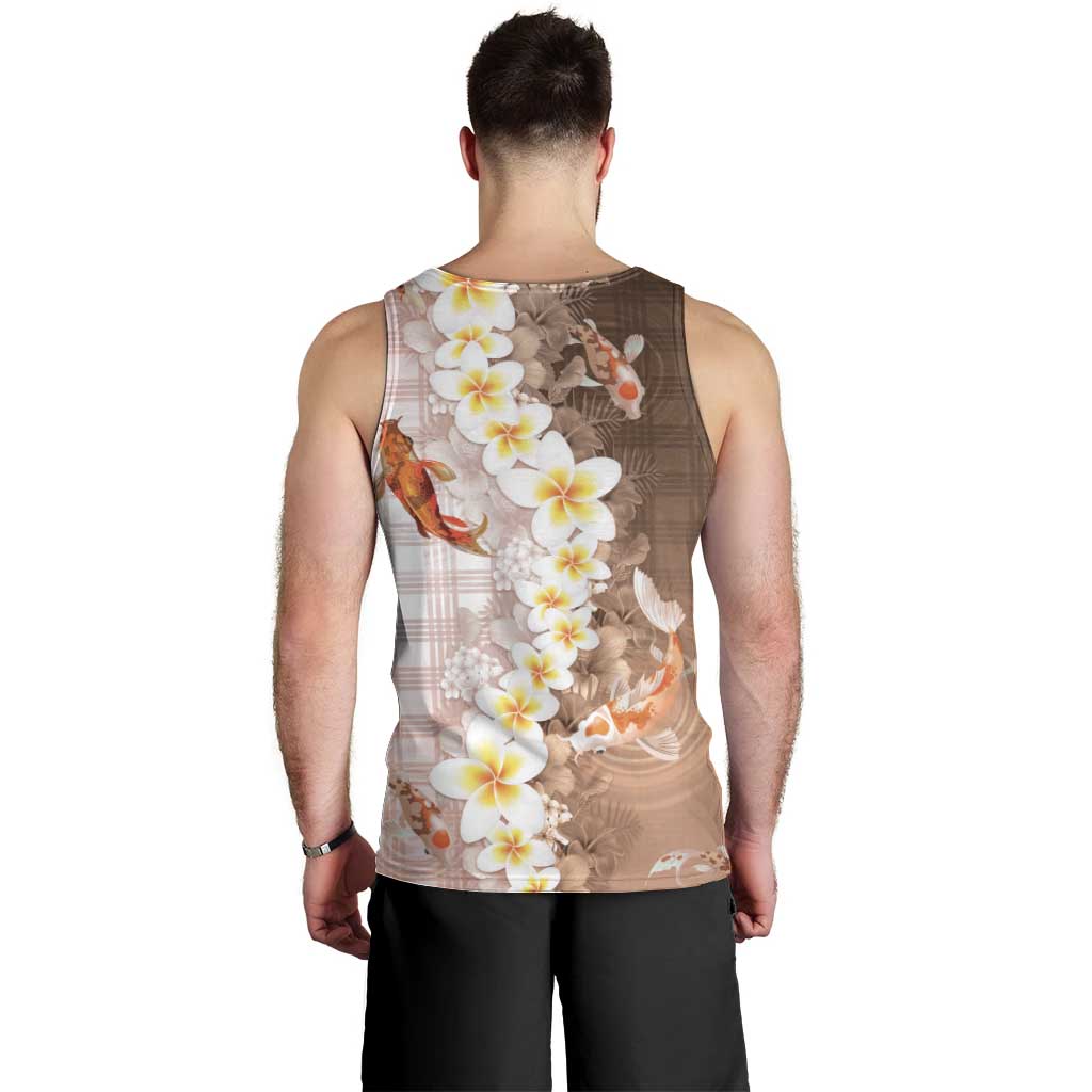 Hawaii And Japan Men Tank Top Plumeria Lei With Koi Fish Beige LT05 - Polynesian Pride