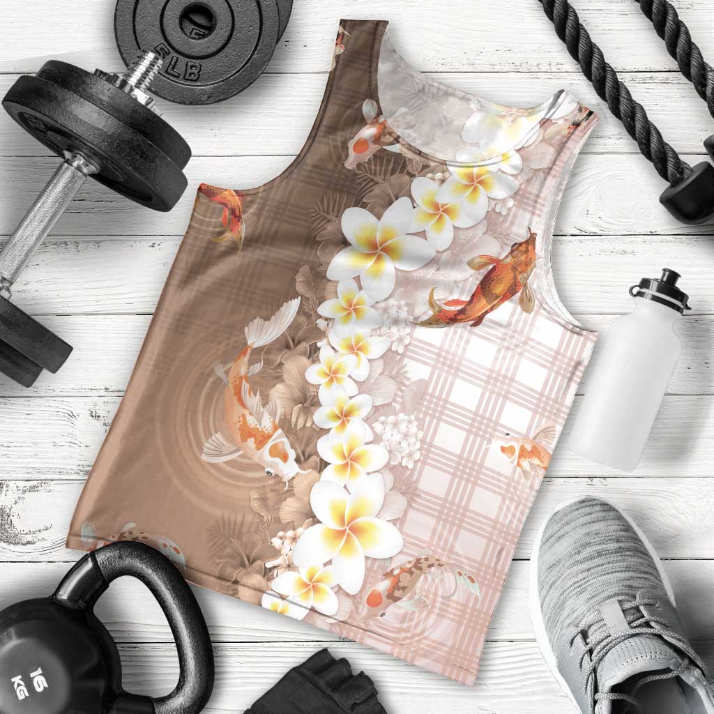 Hawaii And Japan Men Tank Top Plumeria Lei With Koi Fish Beige LT05 - Polynesian Pride