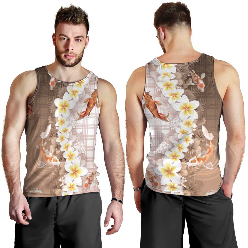 Hawaii And Japan Men Tank Top Plumeria Lei With Koi Fish Beige LT05 - Polynesian Pride